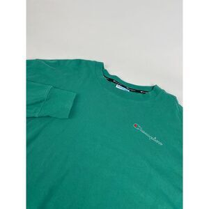 Champion Vintage Large L Teal Blue Green Cursive Chest Logo Long‎ Sleeve Shirt